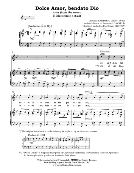 Sartorio Antonio Dolce Amor Bendato Dio Aria From The Opera Il Massenzio Arranged For Voice And Piano A Minor Sheet Music