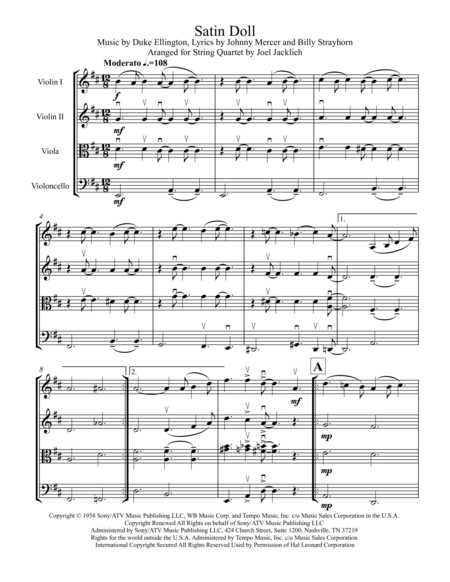 Free Sheet Music Satin Doll For String Quartet