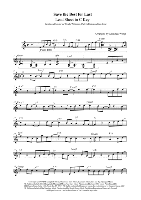 Save The Best For Last Alto Tenor Saxophone Solo Concert Key Sheet Music