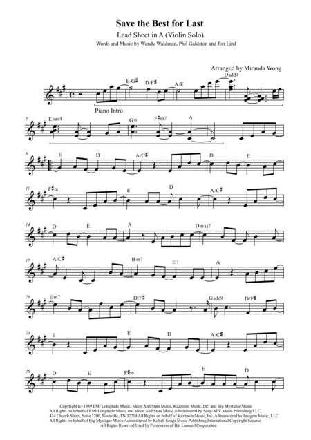 Save The Best For Last Violin Solo In A Key With Chords Sheet Music