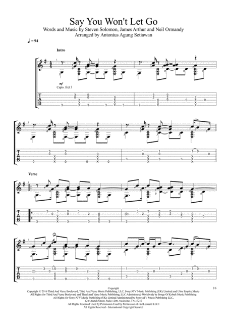Free Sheet Music Say You Wont Let Go Fingerstyle Guitar Solo