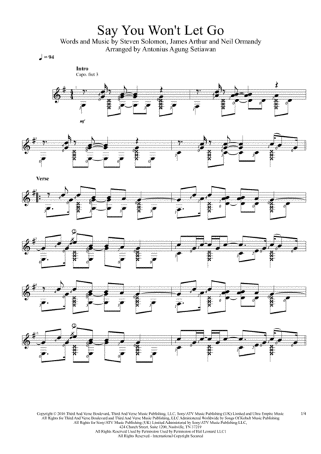 Say You Wont Let Go Solo Guitar Score Sheet Music