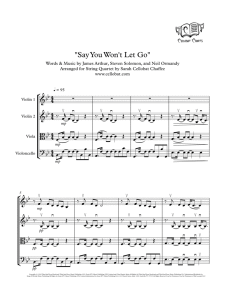 Free Sheet Music Say You Wont Let Go String Quartet James Arthur Arr Cellobat