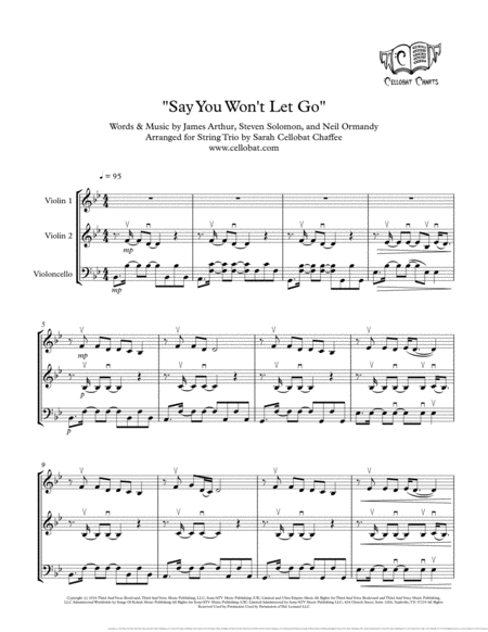 Say You Wont Let Go String Trio 2 Violins Cello James Arthur Arr Cellobat Sheet Music