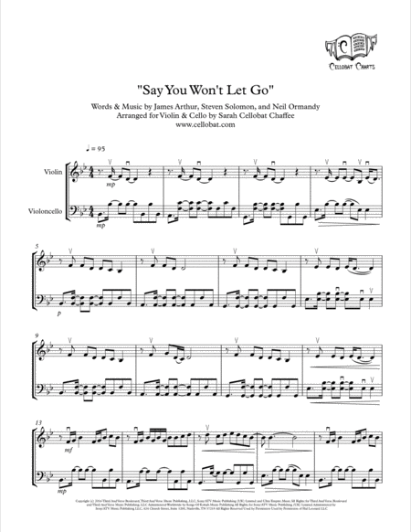 Say You Wont Let Go Violin Cello Duet James Arthur Arr Cellobat Recording Available Sheet Music