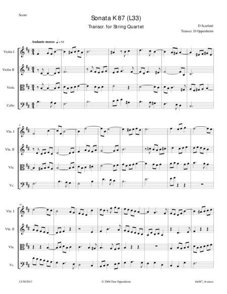 Scarlatti D Sonata In B Minor K 87 Arranged For String Quartet Sheet Music