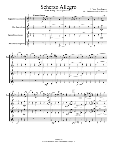 Free Sheet Music Scherzo Allegro From String Trio Opus 9 No 1 By L Van Beethoven For Mixed Saxophone Quartet