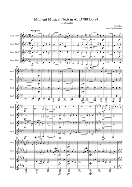 Free Sheet Music Schubert Moment Musical No 6 In Ab D780 Op 94 Horn Quartet