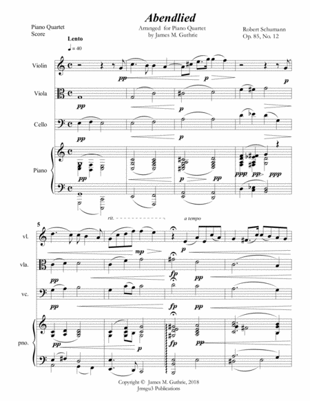 Schumann Abendlied For Piano Quartet Sheet Music