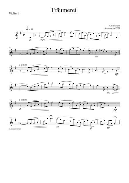 Free Sheet Music Schumann Traumerei Dreaming For 4 Violins Vn402