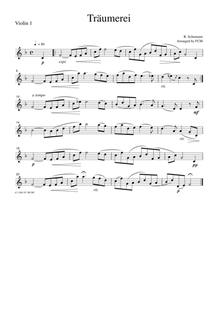 Free Sheet Music Schumann Traumerei Dreaming For String Quartet Cs501