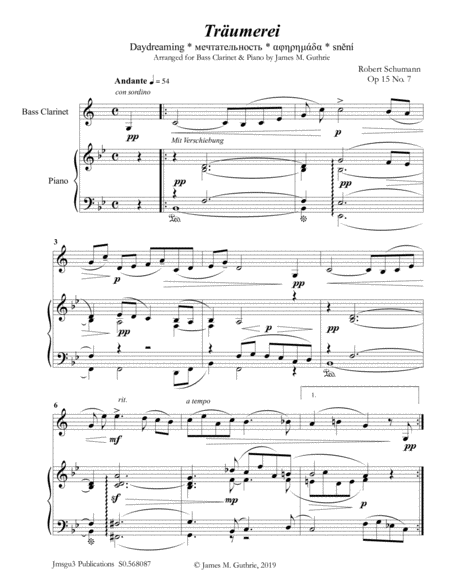 Schumann Trumerei Op 15 No 7 For Bass Clarinet Piano Sheet Music