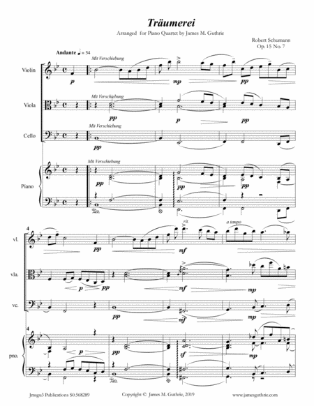 Schumann Trumerei Op 15 No 7 For Piano Quartet Sheet Music