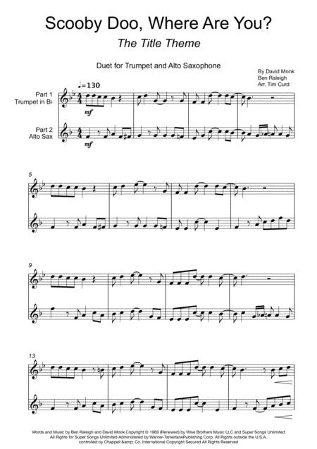 Scooby Doo Where Are You Duet For Trumpet And Alto Saxophone Sheet Music