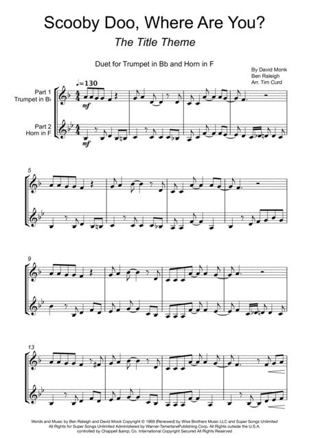 Free Sheet Music Scooby Doo Where Are You Duet For Trumpet And Horn In F