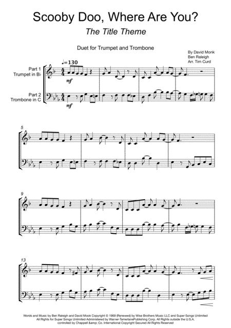 Free Sheet Music Scooby Doo Where Are You Duet For Trumpet And Trombone