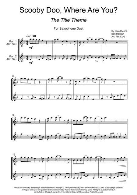 Scooby Doo Where Are You For Saxophone Duet Sheet Music