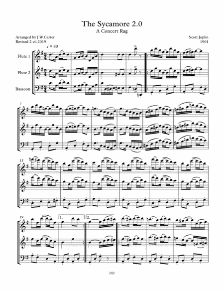 Free Sheet Music Scott Joplin The Sycamore A Concert Rag 1904 Arranged For 2 Flutes Bassoon