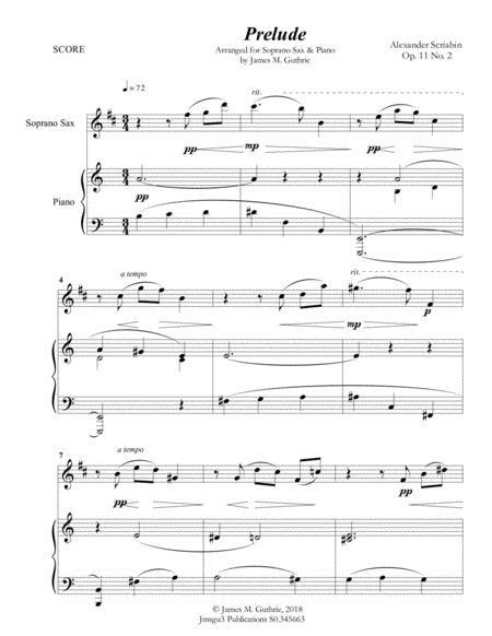 Scriabin Prelude Op 11 No 2 For Soprano Sax Piano Sheet Music