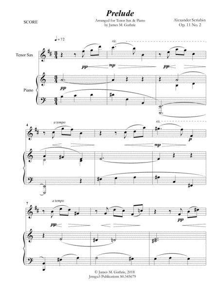 Free Sheet Music Scriabin Prelude Op 11 No 2 For Tenor Sax Piano