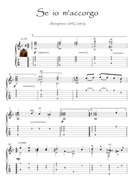 Se Io M Accorgo Renaissance Guitar Sheet Music