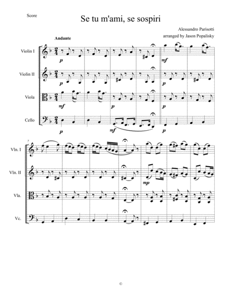 Se Tu M Ami Se Sospiri Arranged For String Quartet Sheet Music