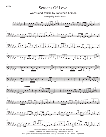 Free Sheet Music Seasons Of Love Cello Original Key