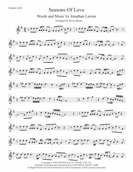 Free Sheet Music Seasons Of Love Clarinet