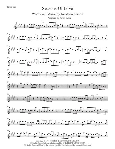 Free Sheet Music Seasons Of Love Tenor Sax Original Key