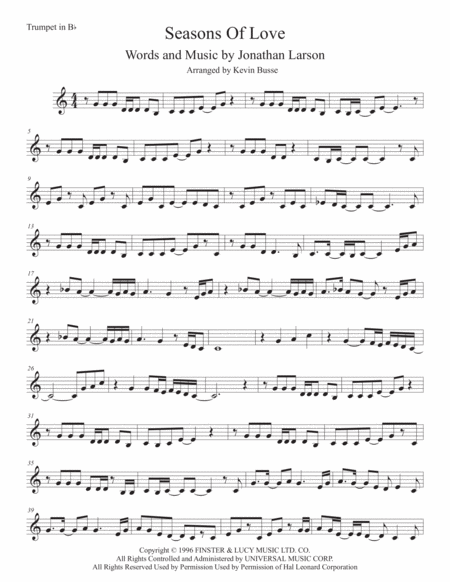 Seasons Of Love Trumpet Easy Key Of C Sheet Music