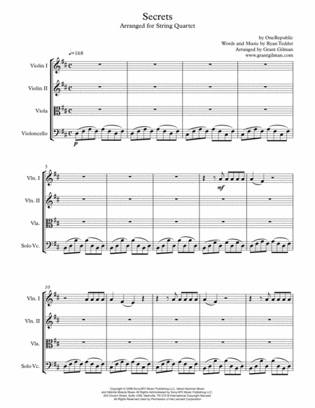 Secrets Arranged For String Quartet Sheet Music