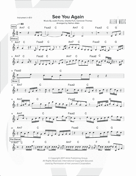 See You Again Allen Music Tenor Saxophone Sheet Music