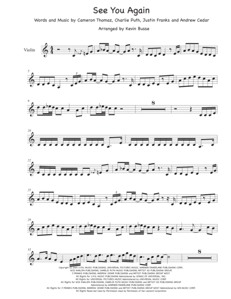 See You Again Easy Key Of C Violin Sheet Music