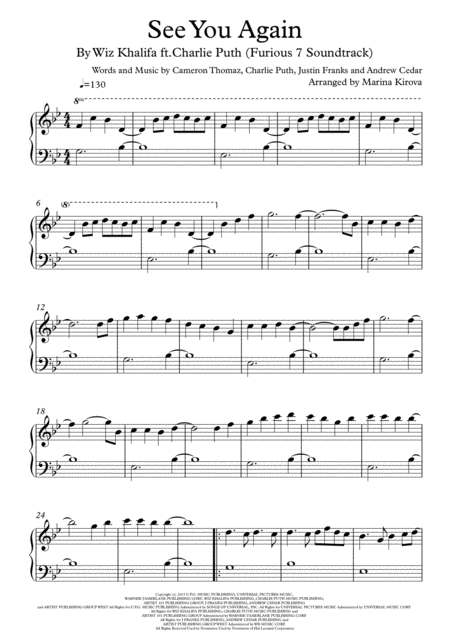 See You Again From Furious 7 By Wiz Khalifa Piano Easy To Read Format Sheet Music