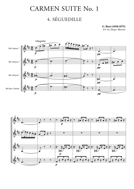 Seguedille Les Dragons D Alcala From Carmen Suite For Clarinet Quartet Sheet Music