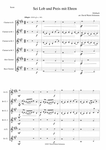 Free Sheet Music Sei Lob Und Preis Mit Ehren For Clarinet Sextet Or Clarinet Choir