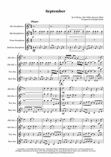 Free Sheet Music September By Earth Wind And Fire Saxophone Quartet Aatb