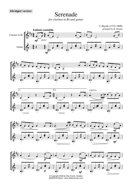 Serenade Abridged For Clarinet In Bb And Guitar Sheet Music