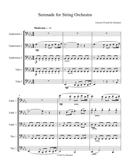 Serenade For String Orchestra Movement 1 For Three Euphoniums And Two Tubas Sheet Music