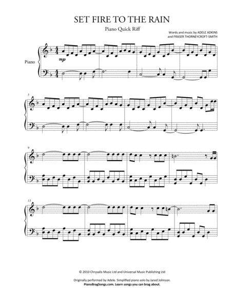 Set Fire To The Rain Short Piano Solo Sheet Music