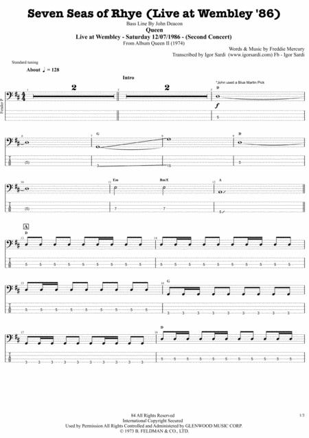 Free Sheet Music Seven Seas Of Rhye Live Wembley 86 Queen John Deacon Complete And Accurate Bass Transcription Whit Tab