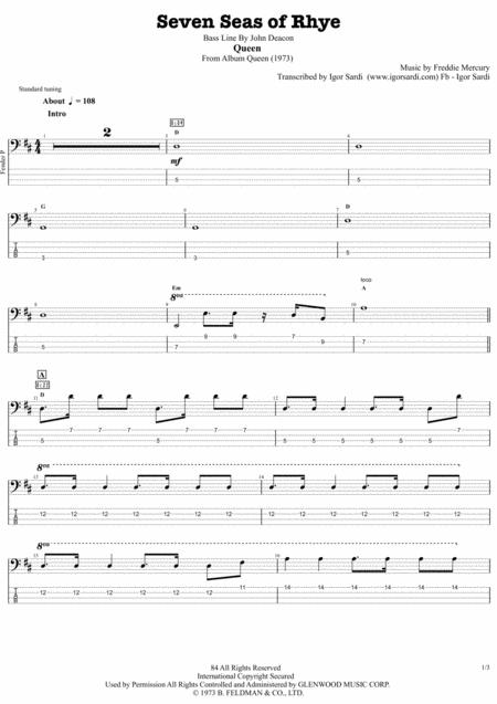 Seven Seas Of Rhye Queen I Queen John Deacon Complete And Accurate Bass Transcription Whit Tab Sheet Music