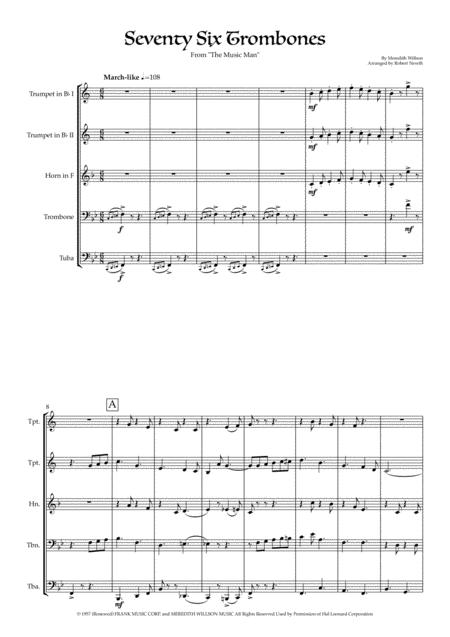 Free Sheet Music Seventy Six Trombones For Brass Quintet