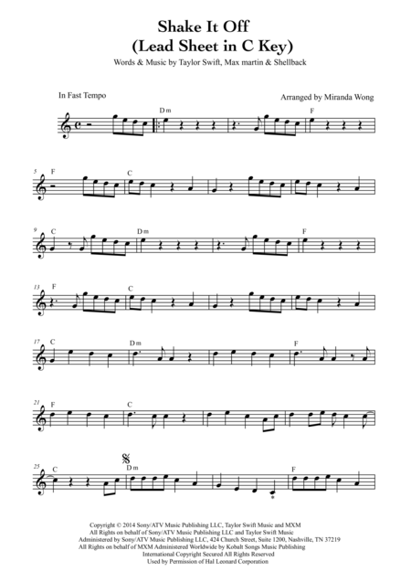 Free Sheet Music Shake It Off Lead Sheet In C Key With Chords