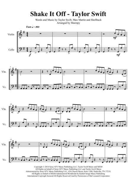 Shake It Off Taylor Swift Arranged For String Duet Sheet Music