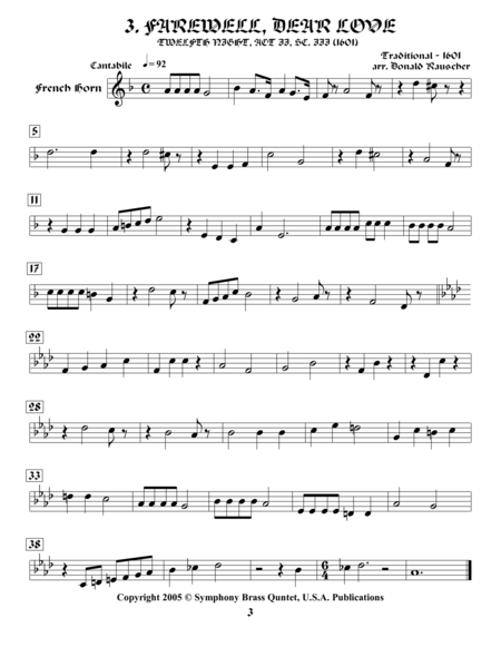 Shakespearean Music For Brass Quintet 3 Farewell Dear Love Twelfth Night French Horn Sheet Music