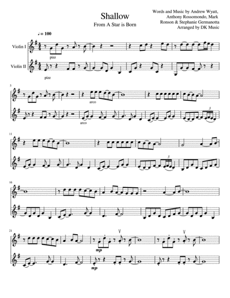 Shallow A Star Is Born Violin Duet Sheet Music