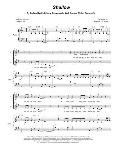 Shallow For 2 Part Choir Sa Sheet Music