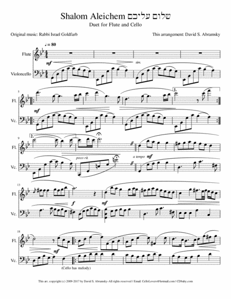 Free Sheet Music Shalom Aleichem Arr For Flute And Cello