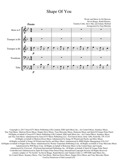 Shape Of You By Ed Sheeran For Brass Quintet In C Minor Sheet Music